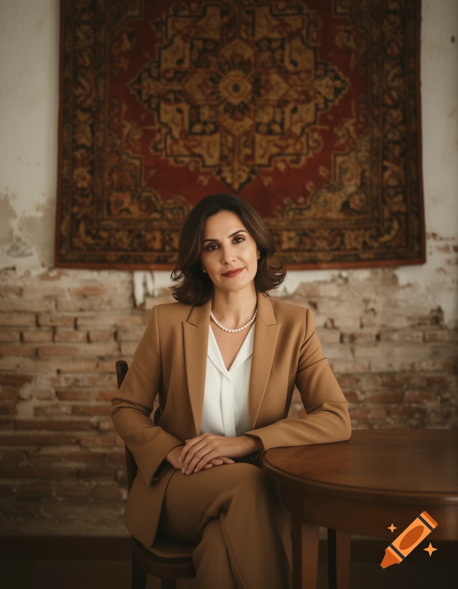 A woman in a brown suit and white blouse sits at a table, hands clasped, in front of a brick wall and a red patterned rug.