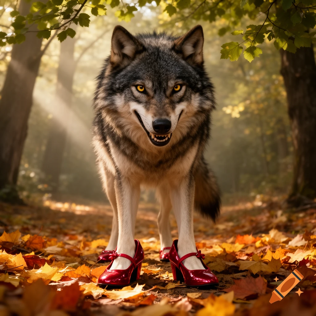 A photorealistic wolf wearing shiny red high heels stands on a forest path covered in autumn leaves, with sunlight rays filtering through trees.