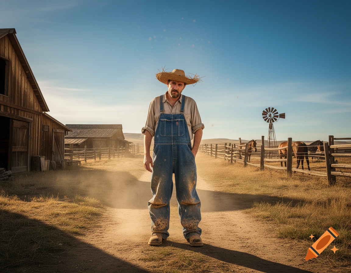 A serious farm worker in overalls and a straw hat stands on a dusty path at a rustic farm with barns and horses.