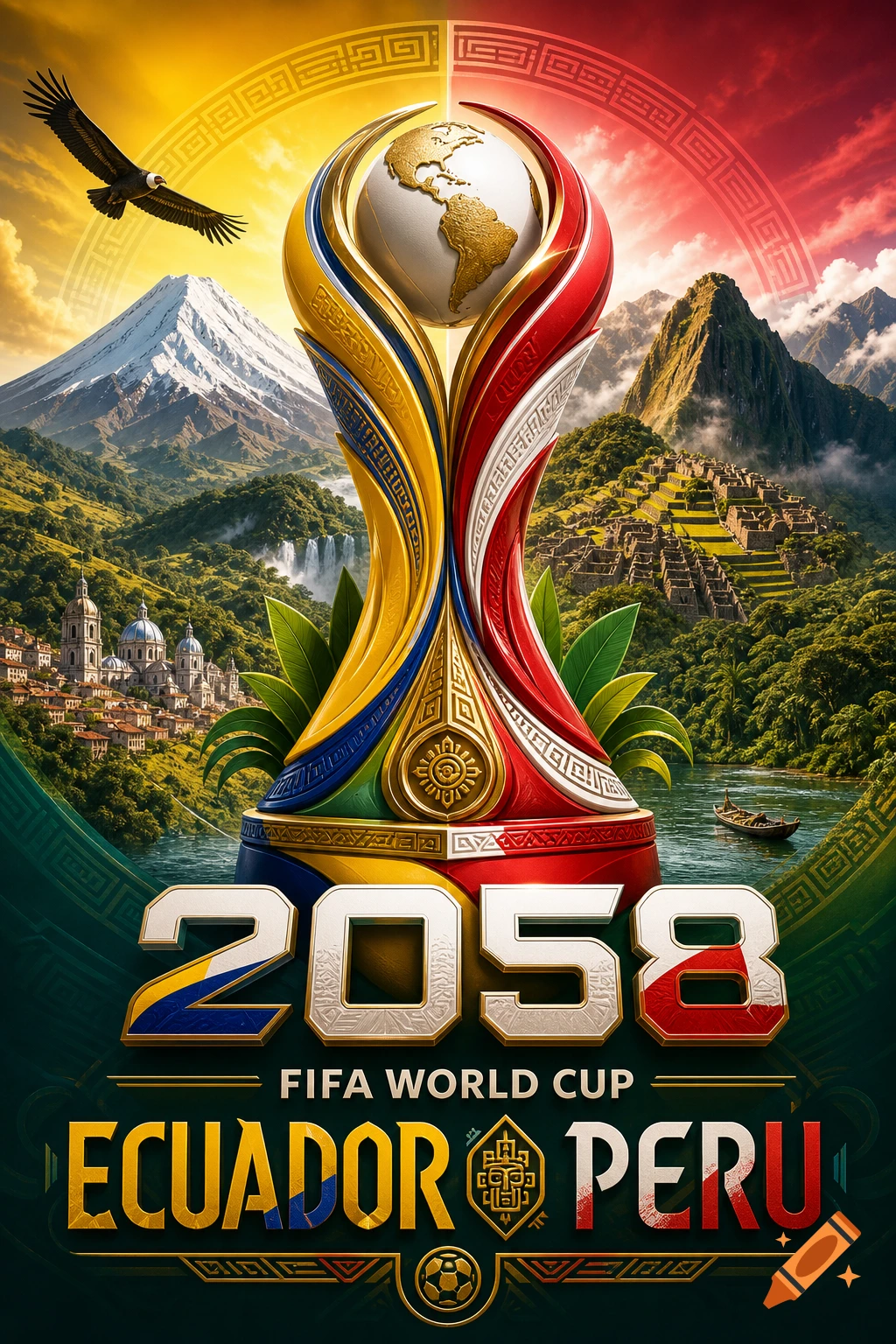 A vibrant FIFA World Cup 2058 poster with a trophy featuring a globe, flanked by Andean landscapes, an eagle, and a city. Text reads 'Ecuador Peru'.