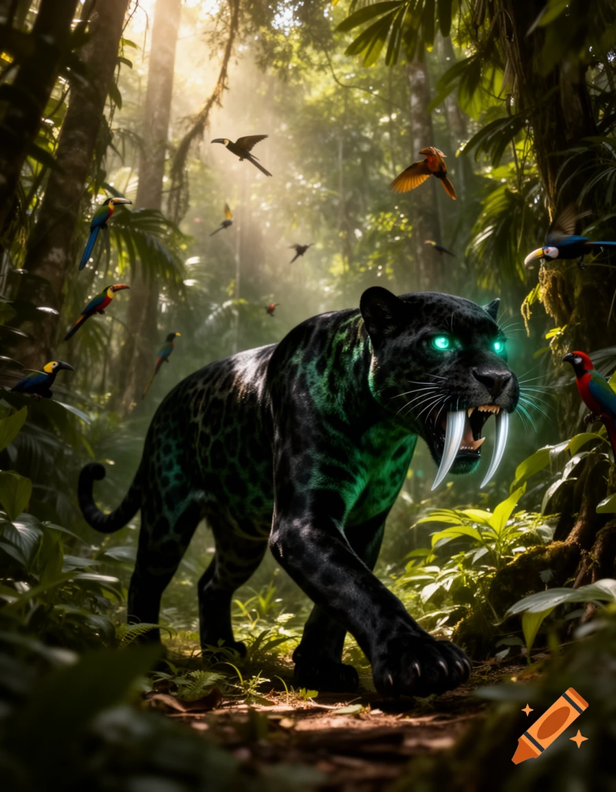 A black panther-like creature with glowing green eyes and sabertooth fangs walks through a sun-dappled jungle, surrounded by colorful birds.