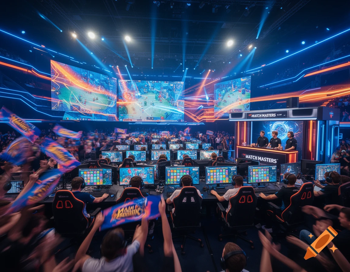 View from the audience of an esports tournament, with players on stage and large screens displaying gameplay.