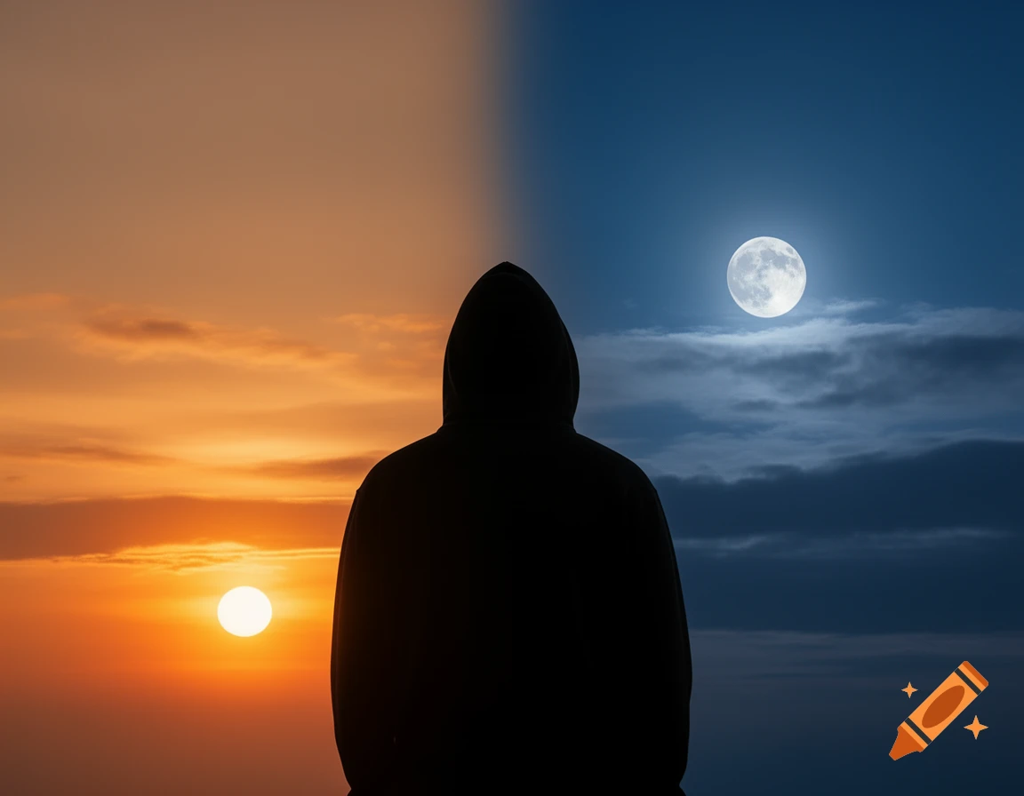 A hooded figure stands with their back to the viewer, facing a sky split between a sunset on the left and a moonlit night on the right.