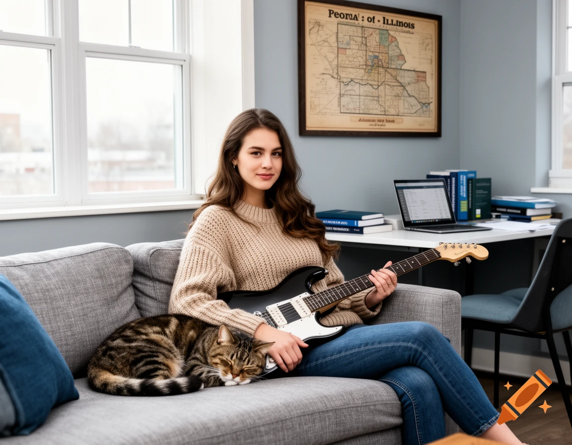 A young woman sits on a couch, holding an electric guitar, with a sleeping tabby cat. A map of Illinois hangs behind her.