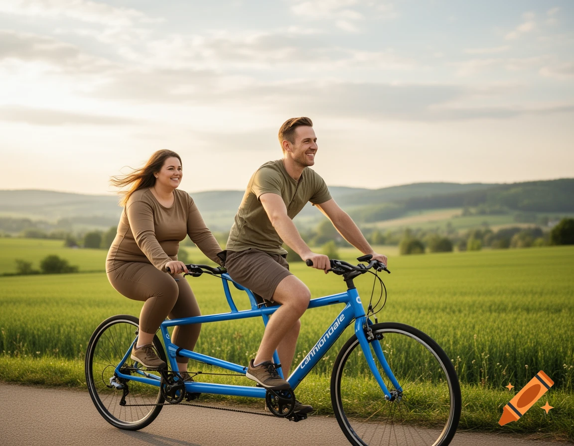 A smiling man and woman ride a blue tandem bicycle on a paved path through green fields at sunset, photorealistic.