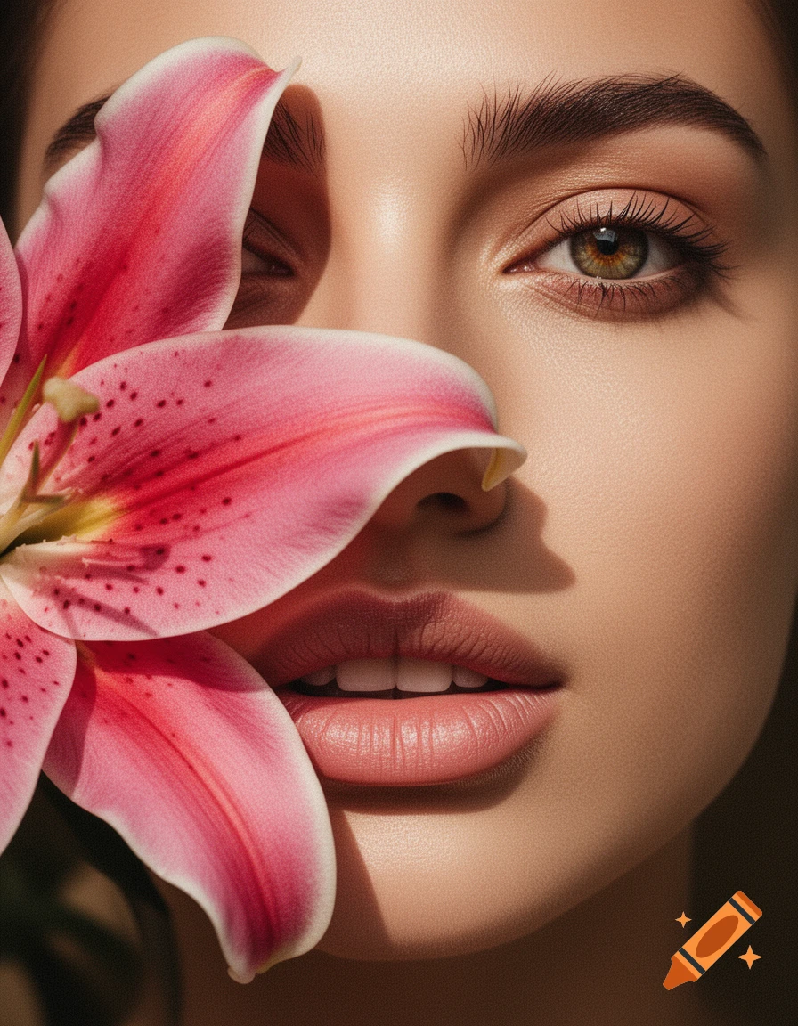 Extreme close-up photorealistic beauty portrait of a woman's face, one eye visible, with a vibrant pink lily covering the other side.