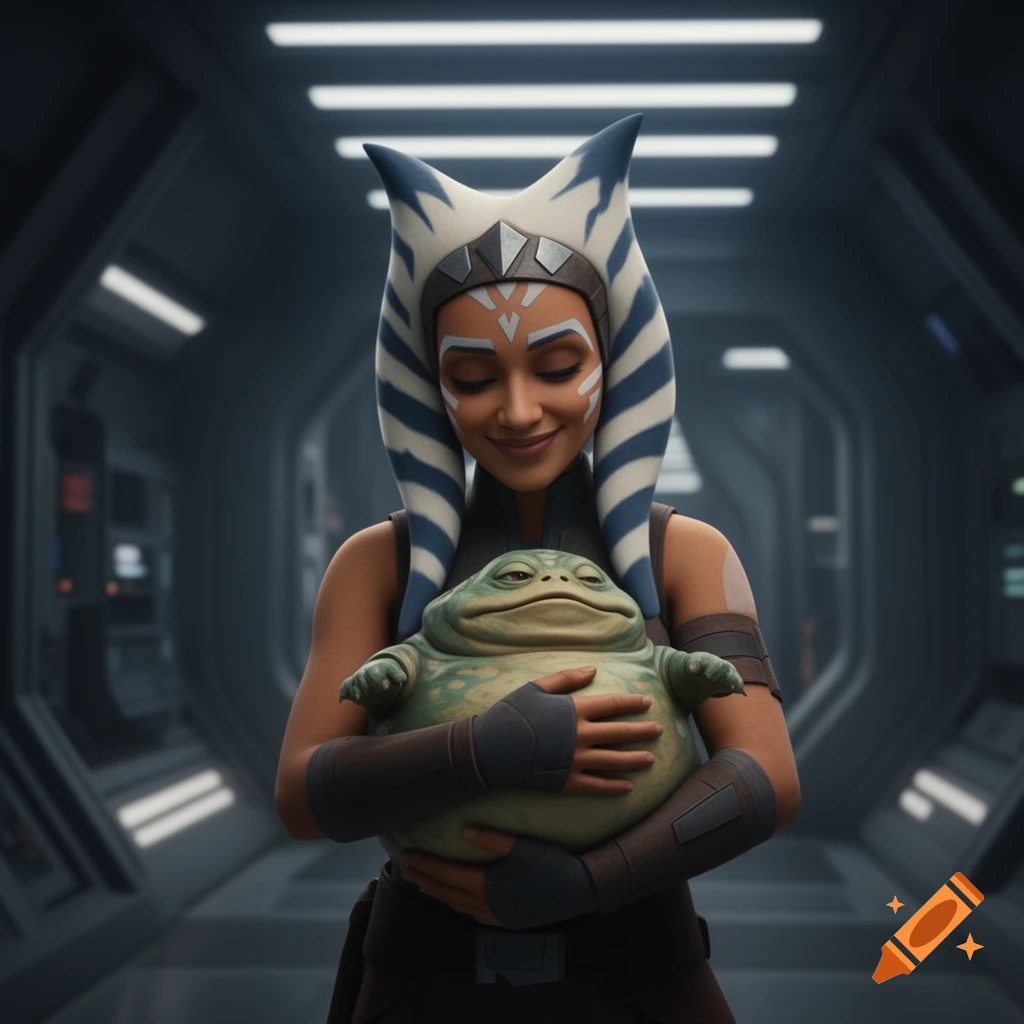 Ahsoka Tano smiles, cradling a large, green baby Rotta the Hutt in a dimly lit spaceship corridor.