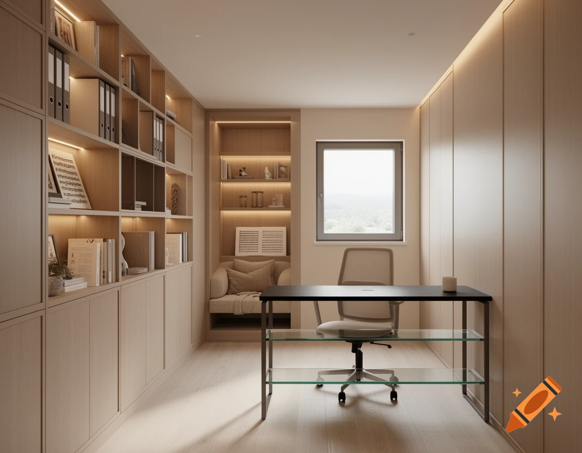 Photorealistic modern home office with warm wooden shelves, black desk, ergonomic chair, and a bright window.