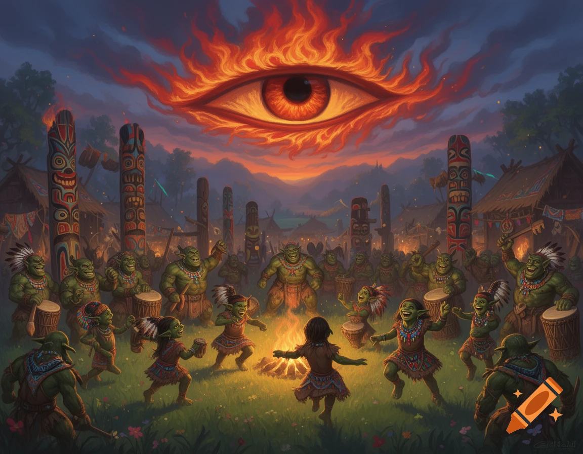 Stylized, colorful fantasy art of orcs and goblins dancing around a campfire at a tribal village festival under a fiery eye in the dusk sky.