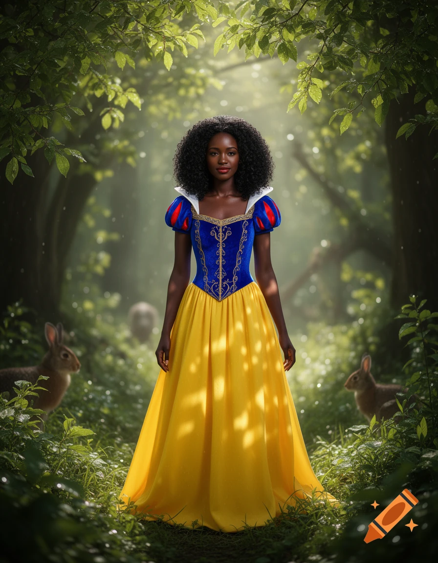 A dark-skinned Snow White in a blue and yellow gown stands in a lush, sunlit forest with rabbits. Photorealistic style.