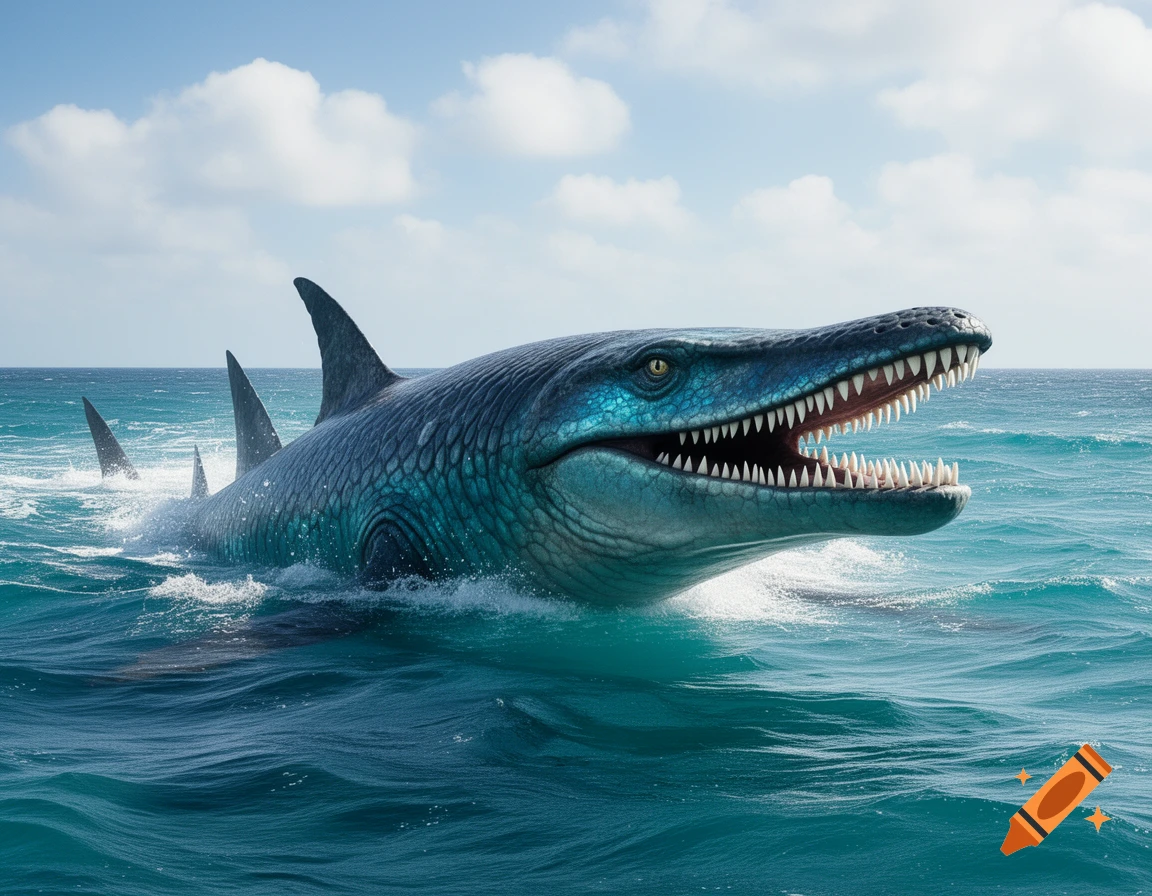 A large blue Mosasaurus with sharp teeth and shark fins surfaces in a turquoise ocean under a cloudy sky.