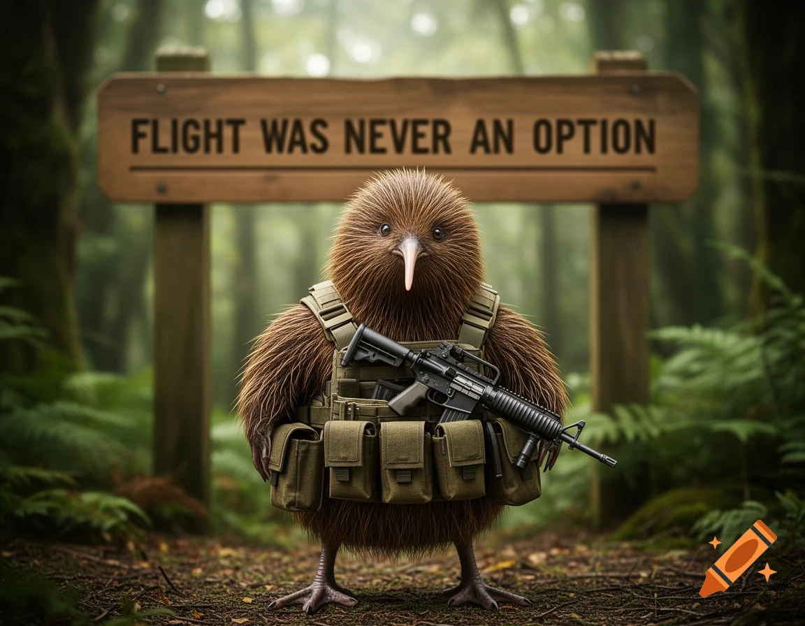 A photorealistic kiwi bird in military tactical gear, holding a rifle, stands in a forest with a sign saying 'FLIGHT WAS NEVER AN OPTION'.