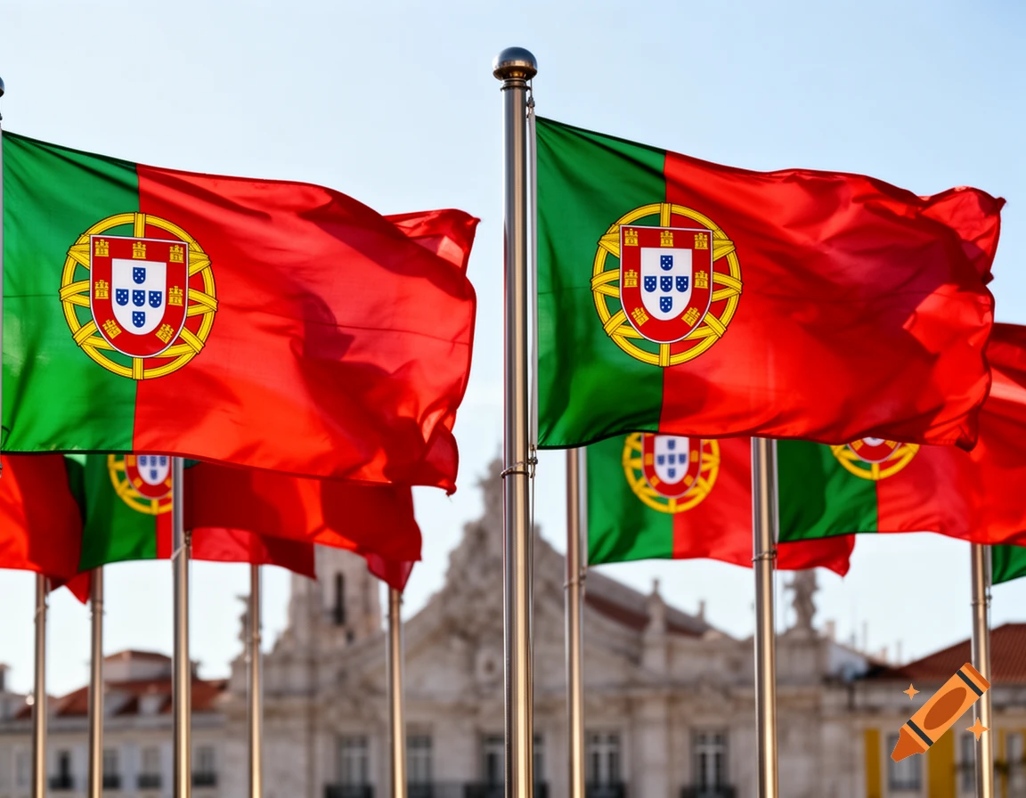 Several Portuguese flags flying against a bright sky, with blurry historic buildings in the background.