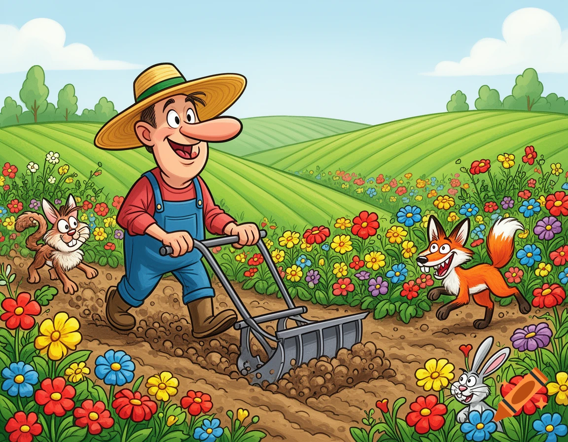 Cartoon farmer with a large nose plowing a flower field, watched by a fox and rabbits in a vibrant illustration.