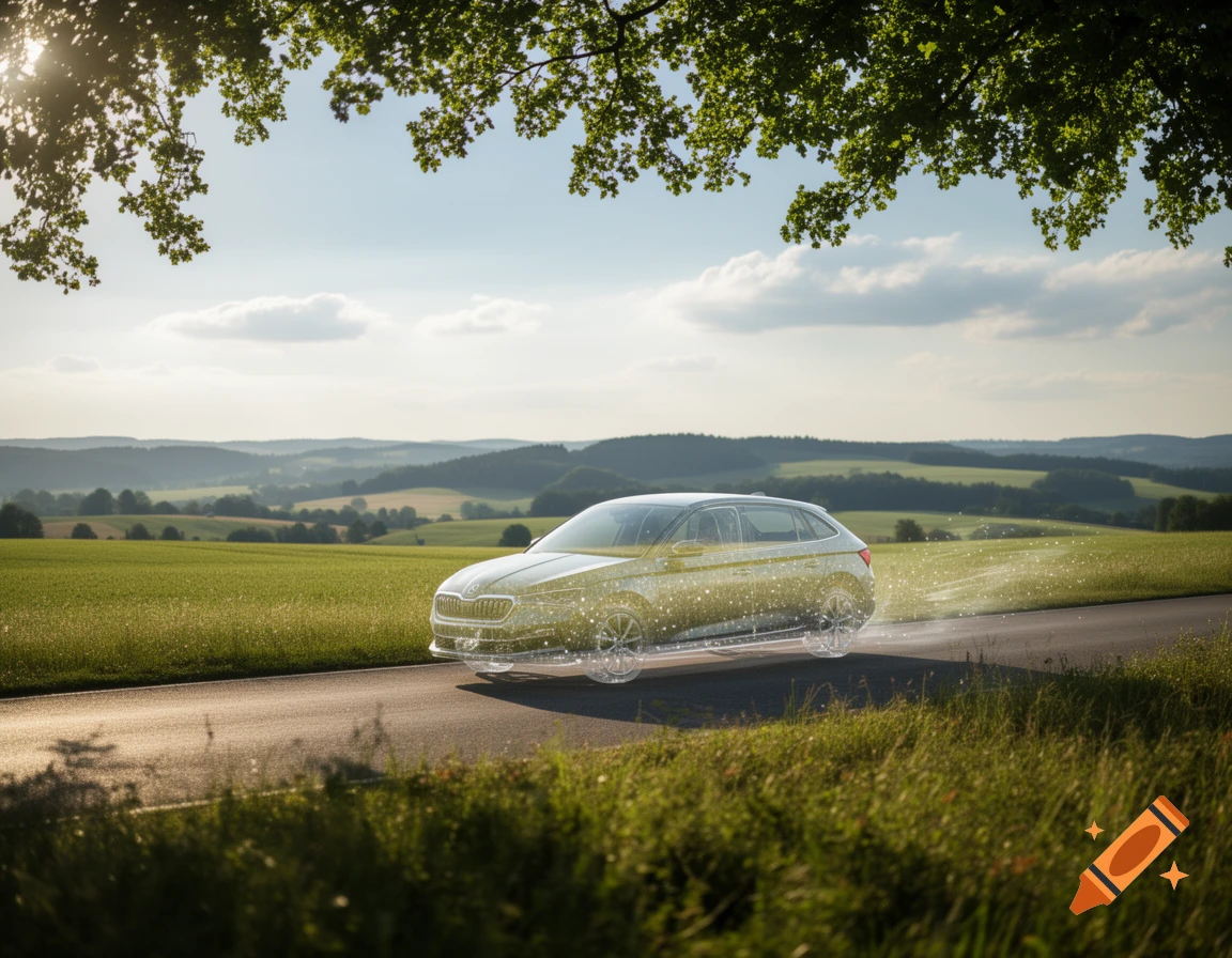 An almost transparent car drives on a country road through a sunny, green hilly landscape with trees overhead.