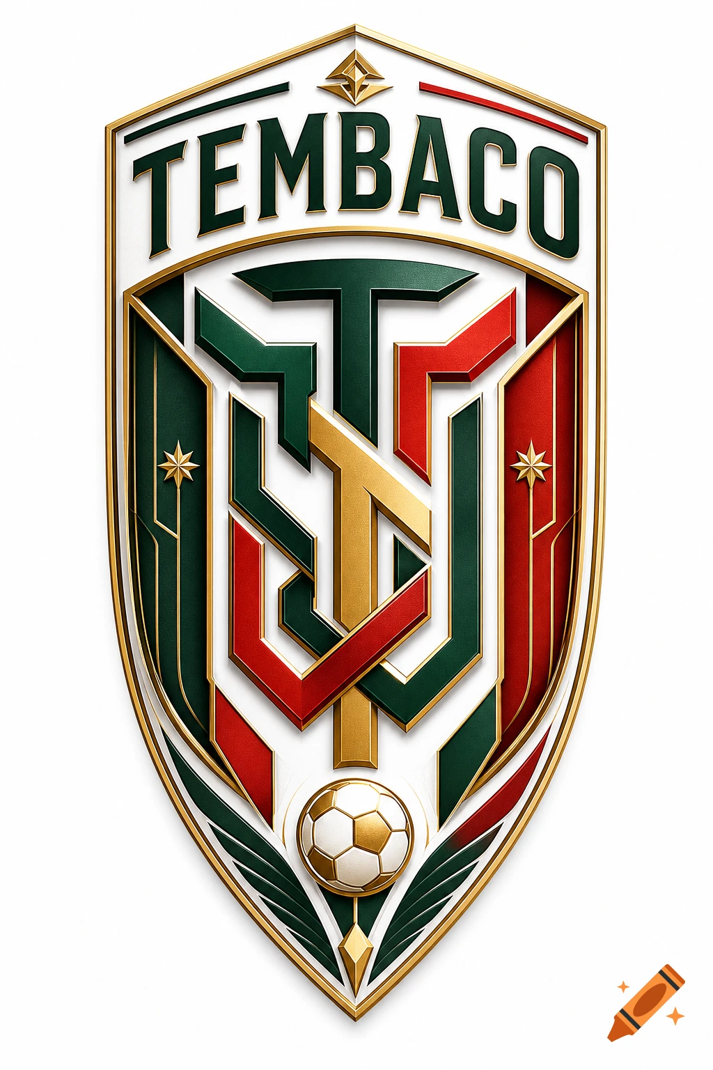 A shield-shaped sports crest with 'TEMBACO' at the top, intertwined green, gold, and red geometric patterns, and a gold and white soccer ball at the bottom, on a white background.