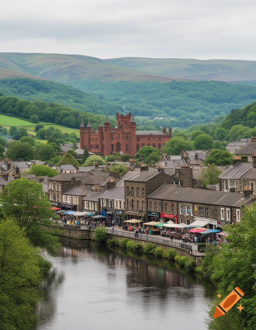 A panoramic view of a town with stone buildings along a river, with a large red castle on a hill and green mountains in the background.