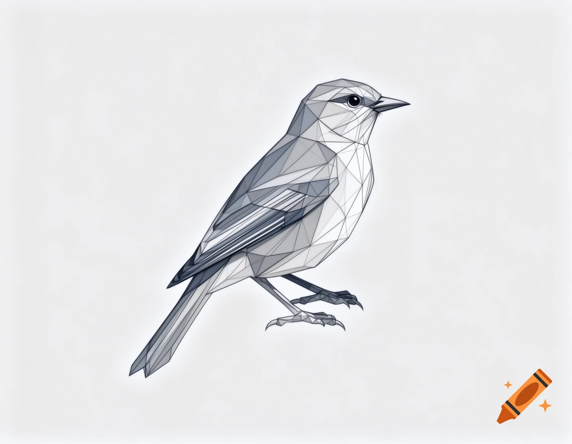 A small geometric bird, in a fineline style, looking right on a white background.
