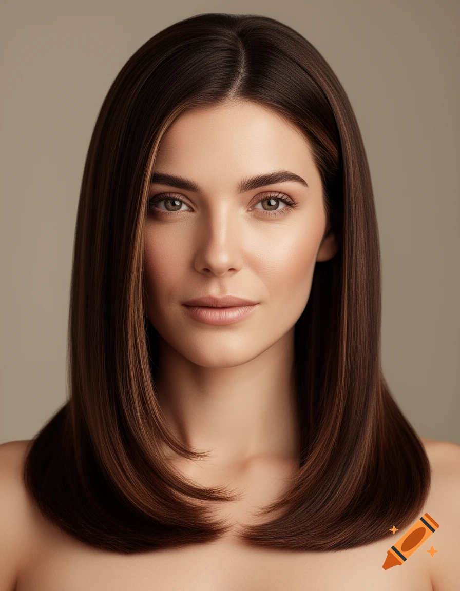 Close-up photorealistic portrait of a woman with long, straight, dark brown hair parted down the middle, resting on her bare shoulders.