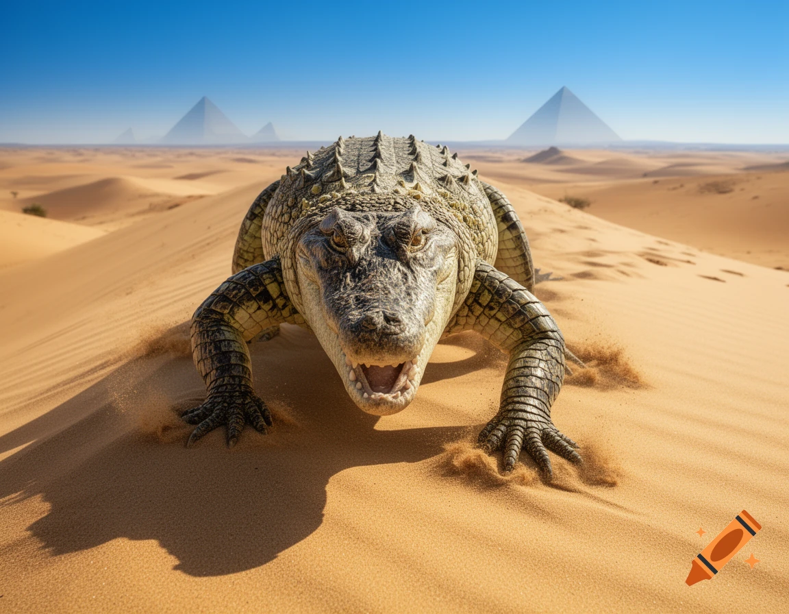 A large, photorealistic crocodile crawls across a sandy dune in a desert, with pyramids visible in the distant haze under a clear blue sky.