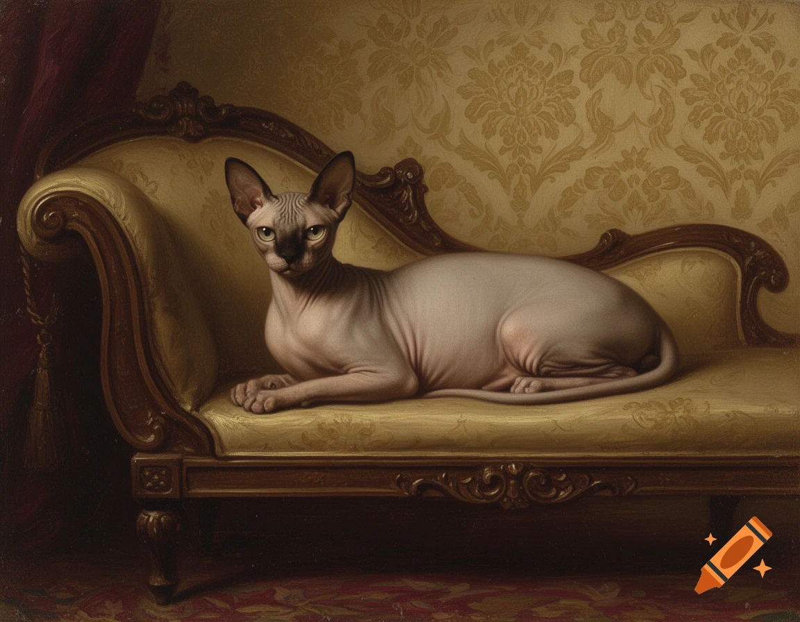 A Sphynx cat reclines on a vintage gold couch with patterned wallpaper in an oil painting style.
