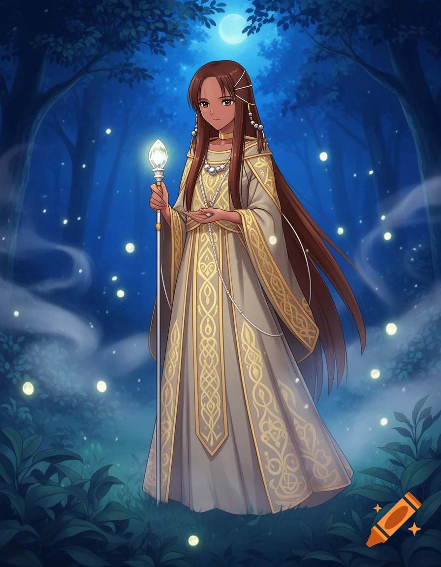 Anime-style brown-skinned priestess with long dark brown hair, holding a glowing staff in a moonlit fantasy forest with glowing orbs.