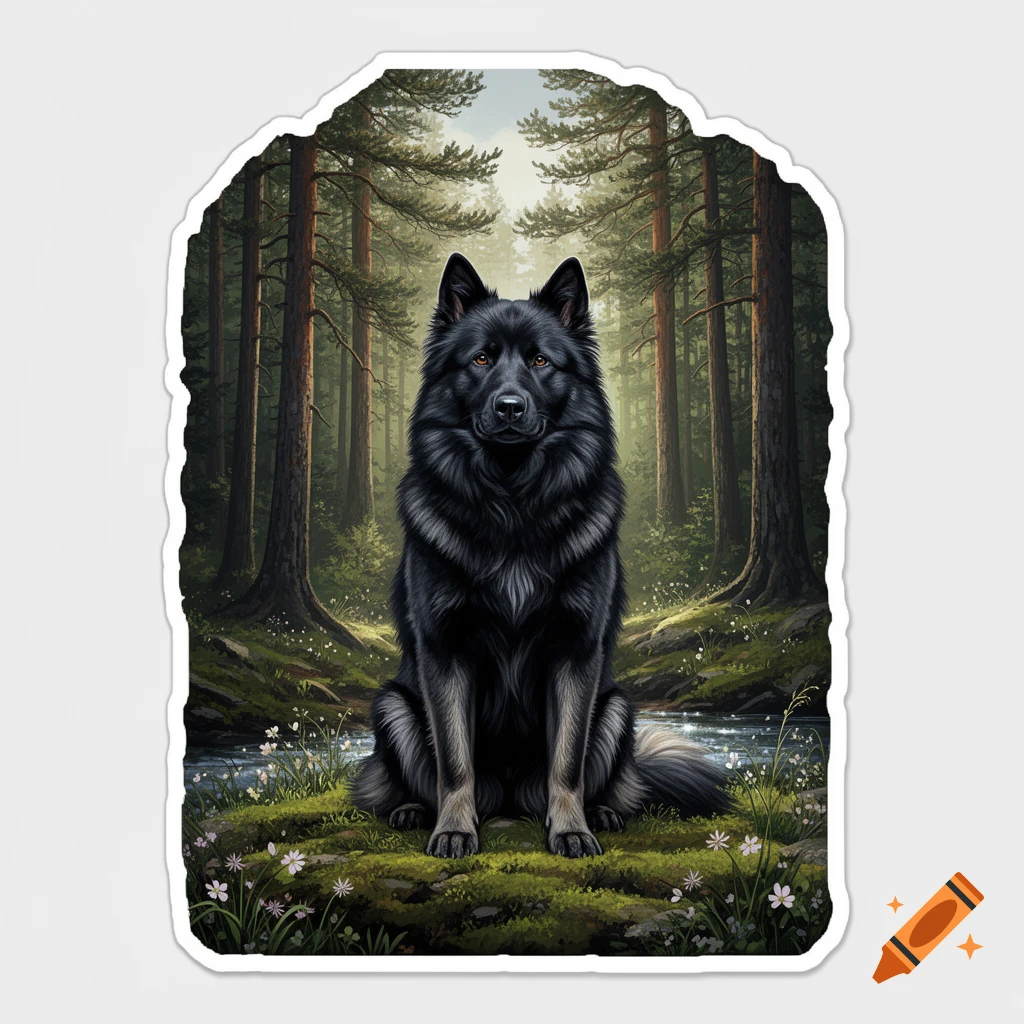 A black Elkhound dog sits by a stream in a lush Norwegian forest, looking directly forward.