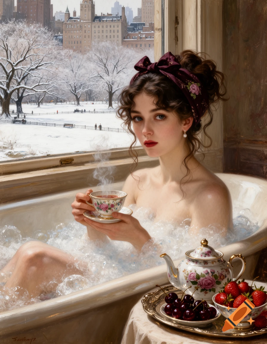 Oil painting of a young woman in an Edwardian bathtub, holding a teacup, gazing at snowy Central Park. A teapot and fruit are on a tray.