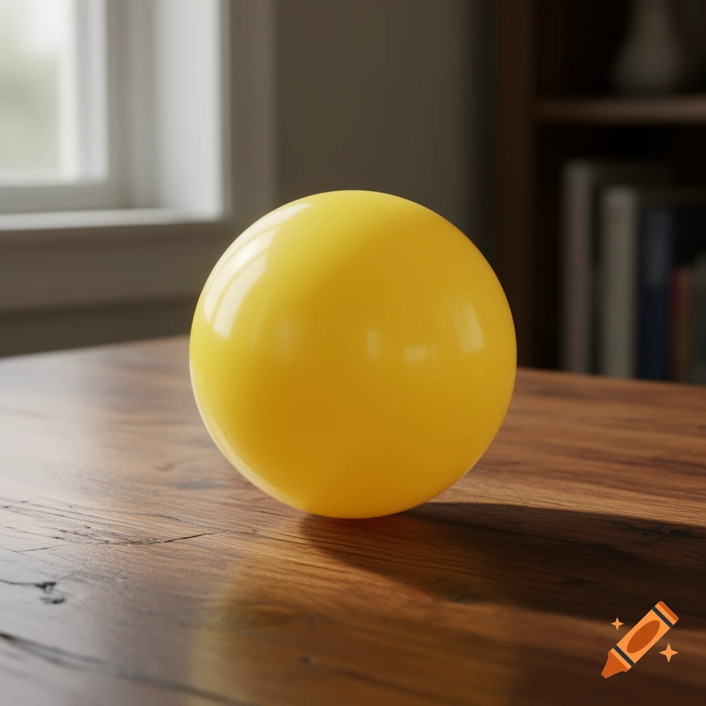 A bright yellow, shiny ball rests on a textured wooden table, with a blurred window and bookshelf in the background.
