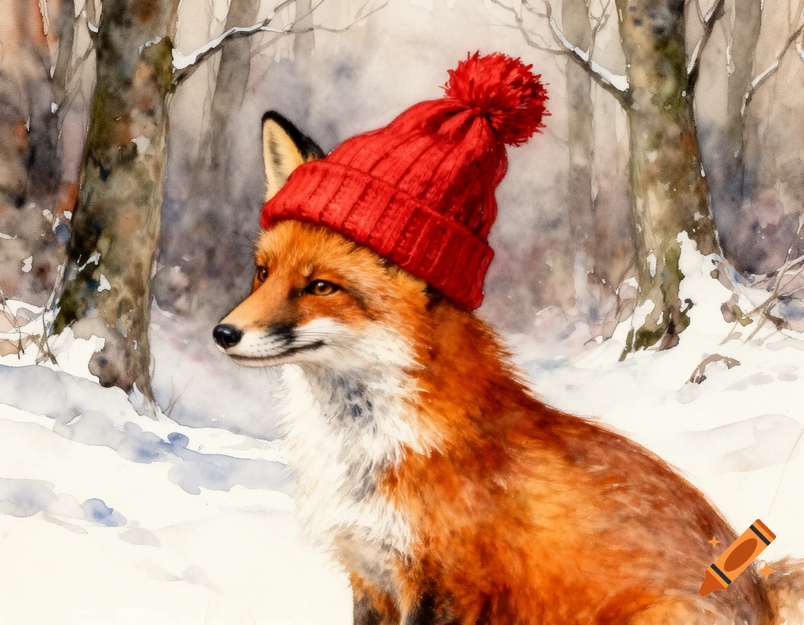 A watercolor painting of a red fox wearing a red knit beanie, sitting in a snowy forest.