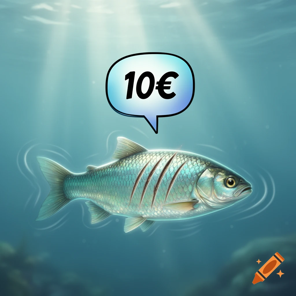 An illustration of a fish with scores on its side, swimming underwater. A speech bubble above it reads "10€".