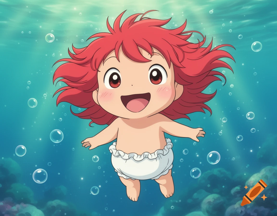 Ponyo, an anime character with red hair, smiles widely while floating underwater, wearing a white diaper amidst bubbles.