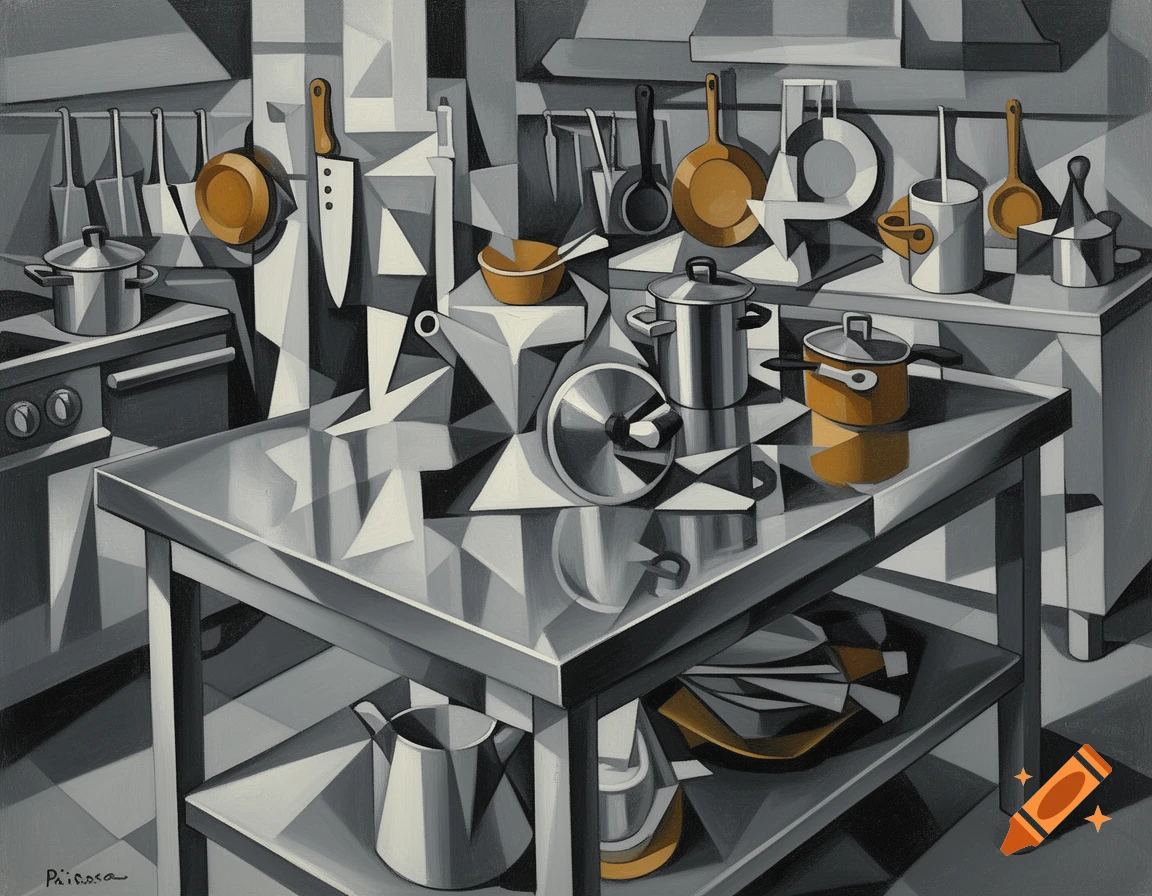 Cubist painting of an industrial kitchen with a stainless steel table, pots, and utensils, geometric shapes, monochromatic with orange.