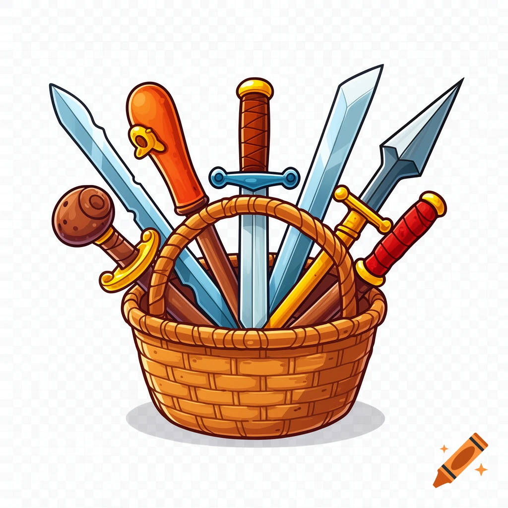Cartoon wicker basket overflowing with colorful, stylized fantasy weapons, including swords, a club, and a spear, on a transparent background.