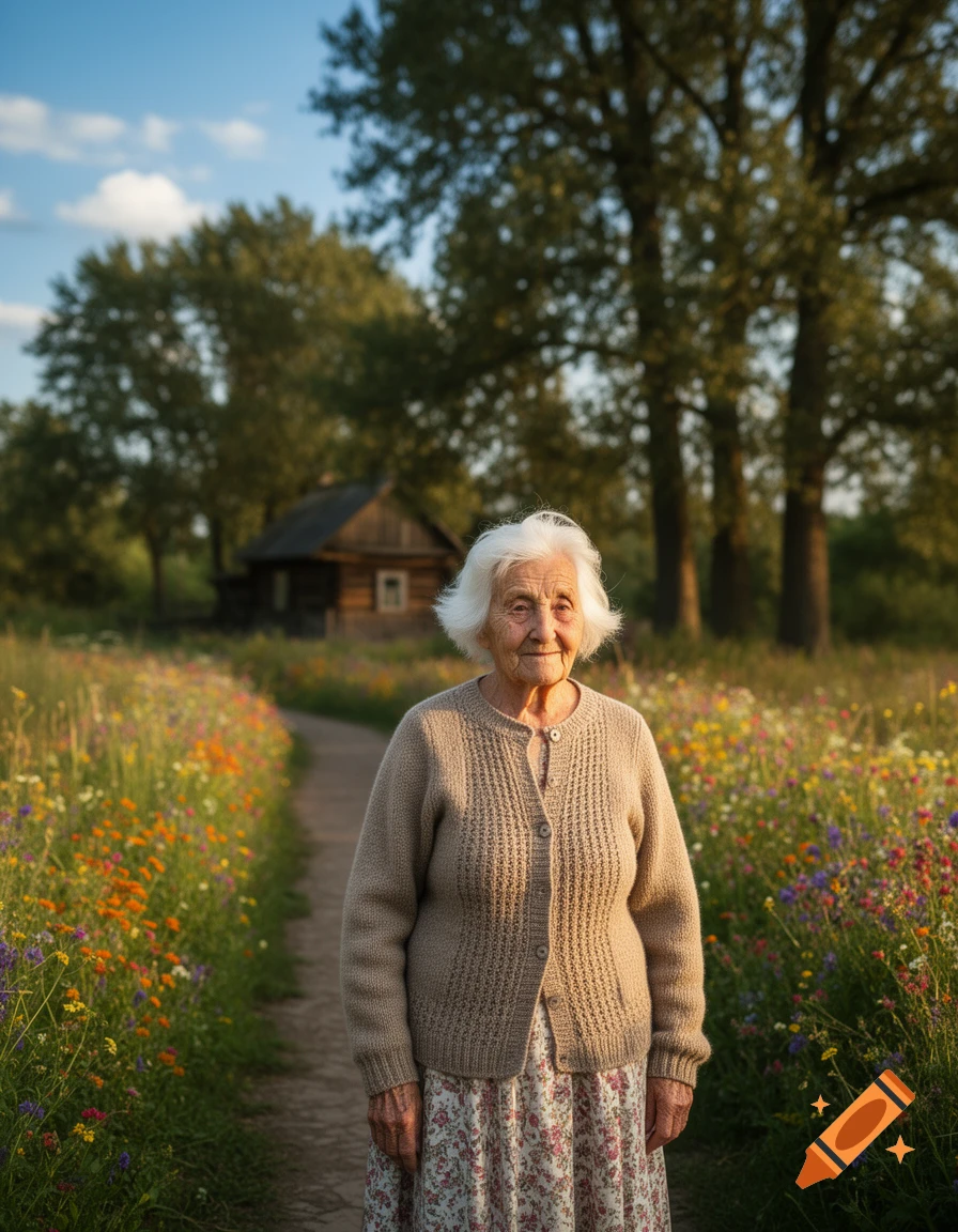 An elderly woman with white hair stands on a dirt path through a field of wildflowers, with a small wooden house and trees in the background.