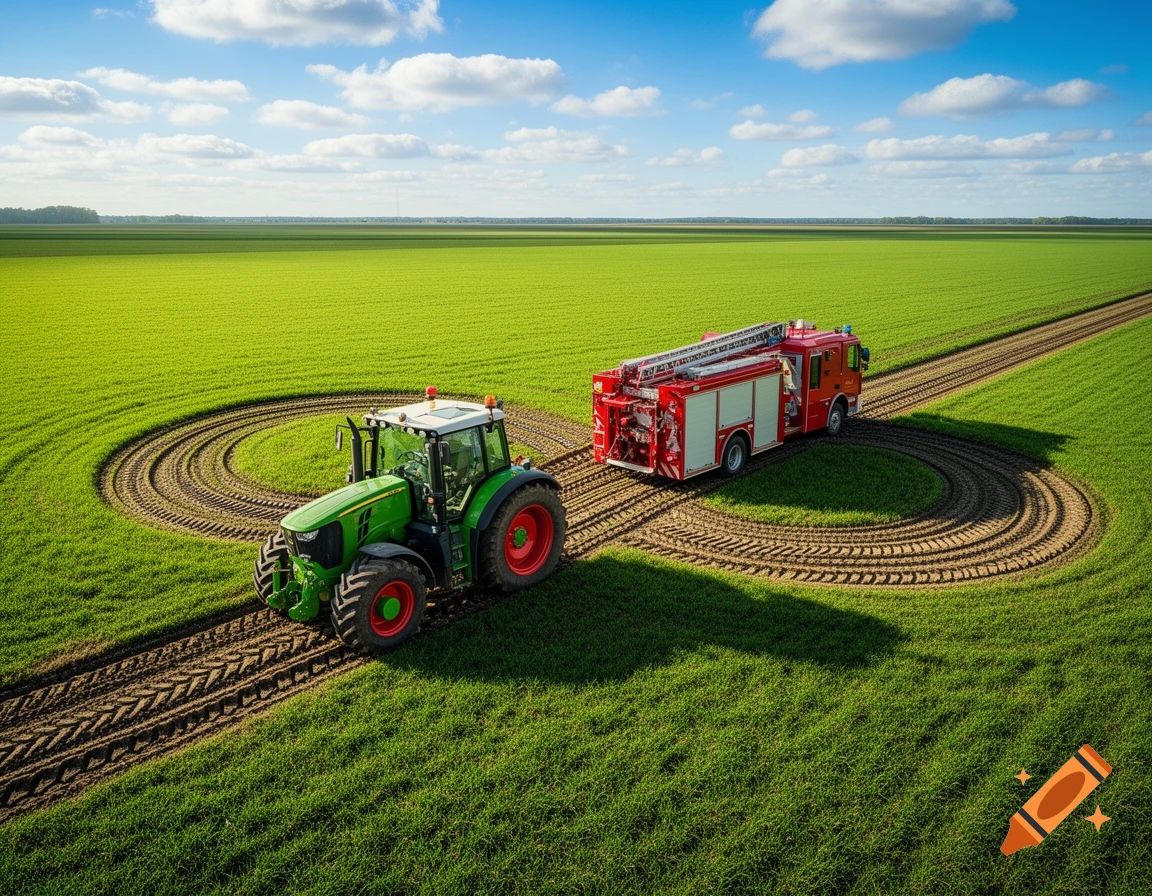 Photorealistic image of a green tractor and a red fire truck creating an infinity symbol with tire tracks in a vast green field under a blue sky.