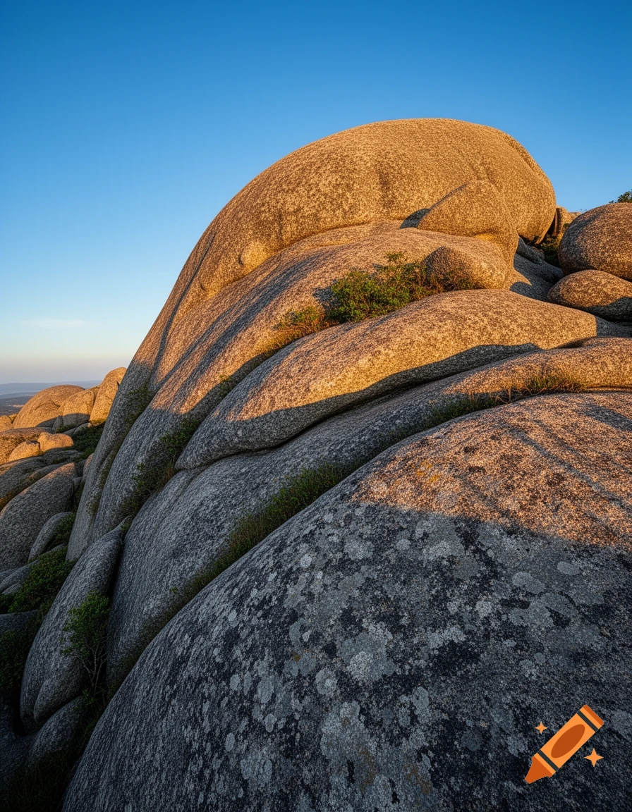 Golden sunlight illuminates massive, rounded rock formations with sparse greenery under a clear blue sky.