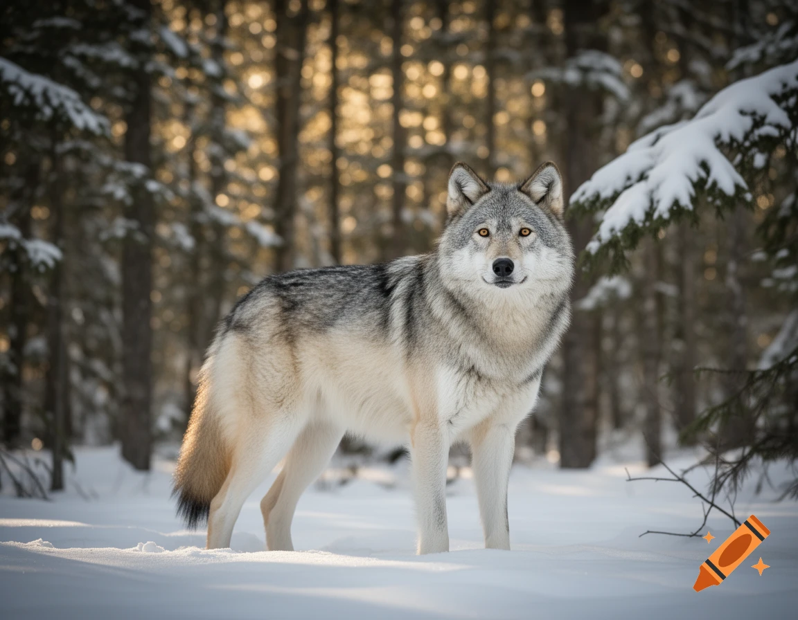 A photorealistic gray wolf stands majestically in a snowy forest with warm light filtering through the trees.