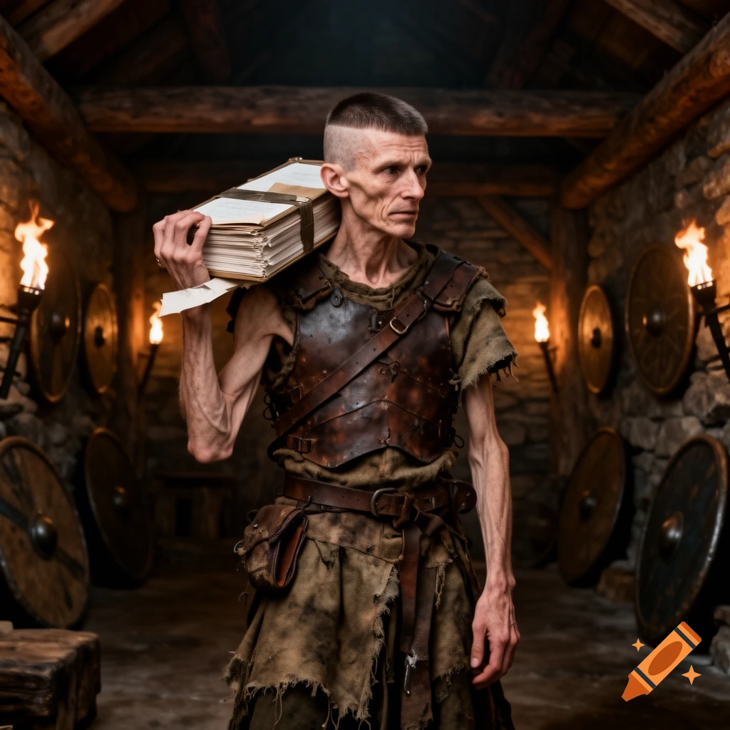 An extremely thin man with a military haircut and leather armor carries a stack of papers on his shoulder in a torchlit stone chamber.