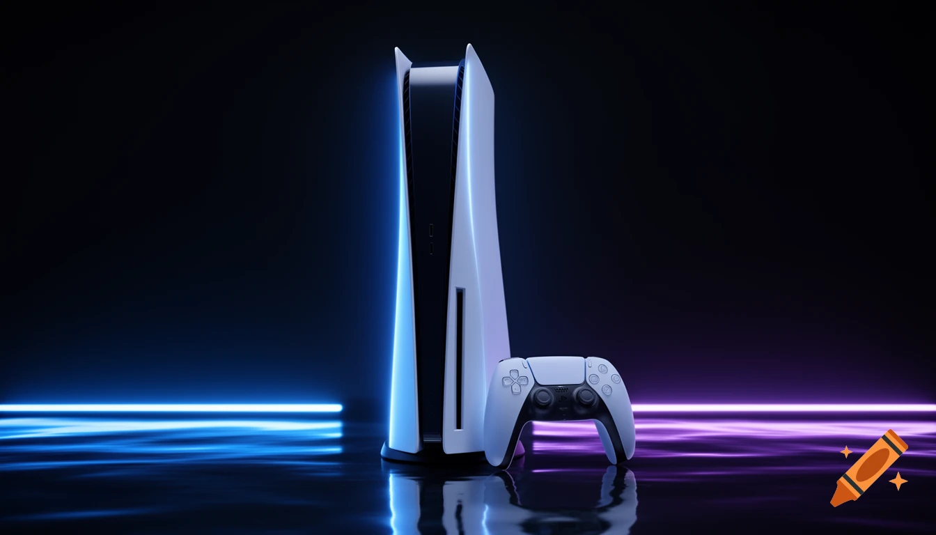 Photorealistic PlayStation 5 console standing upright with a DualSense controller in front, illuminated by blue and purple neon lights reflecting on a dark, sleek surface.