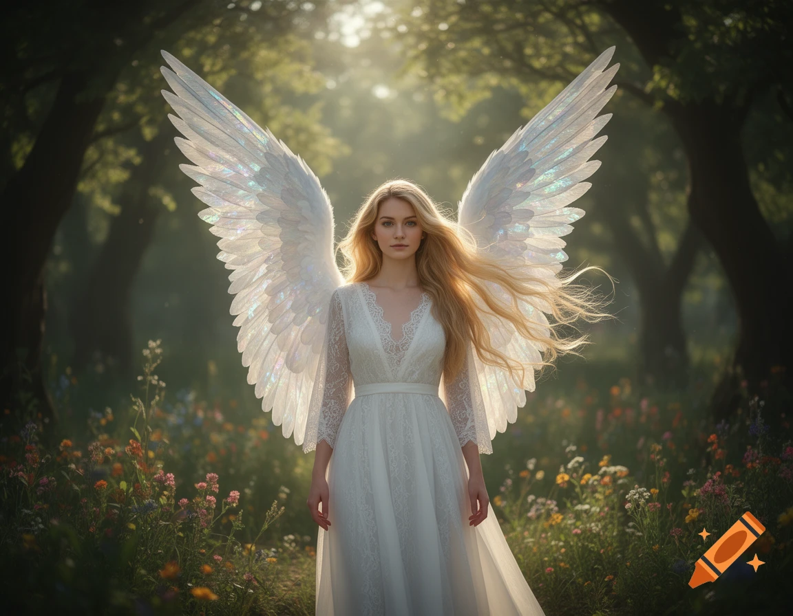 A blonde woman with large iridescent angel wings stands in a sunlit forest filled with wildflowers, wearing a white lace dress.