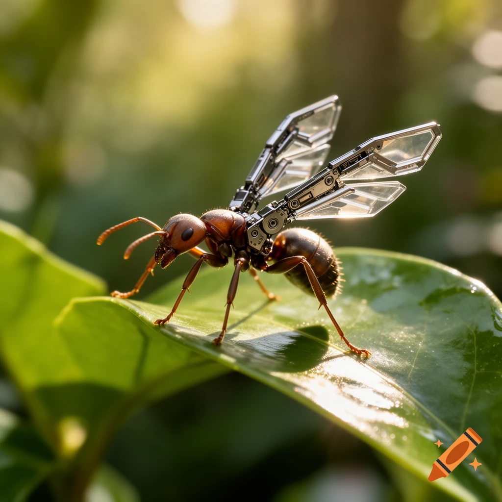 A detailed macro photograph of an ant with intricate robotic wings perched on a green leaf, bathed in sunlight.