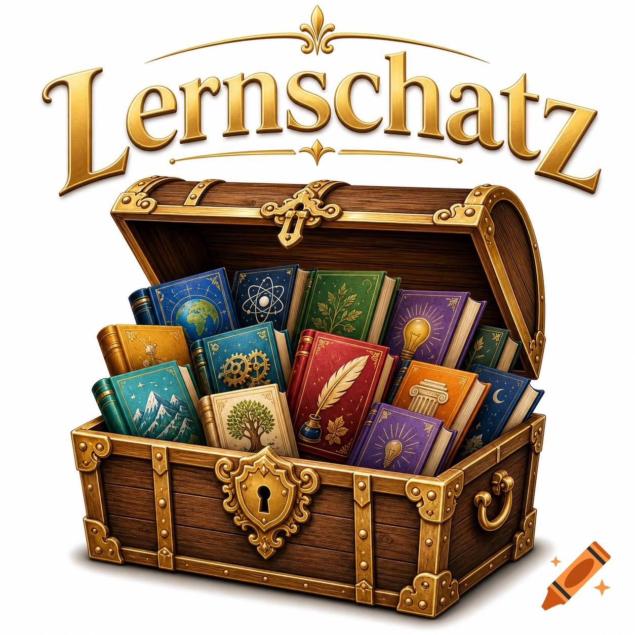 A stylized illustration of a wooden treasure chest overflowing with ornate, colorful books, with the golden word 'Lernschatz' above it.