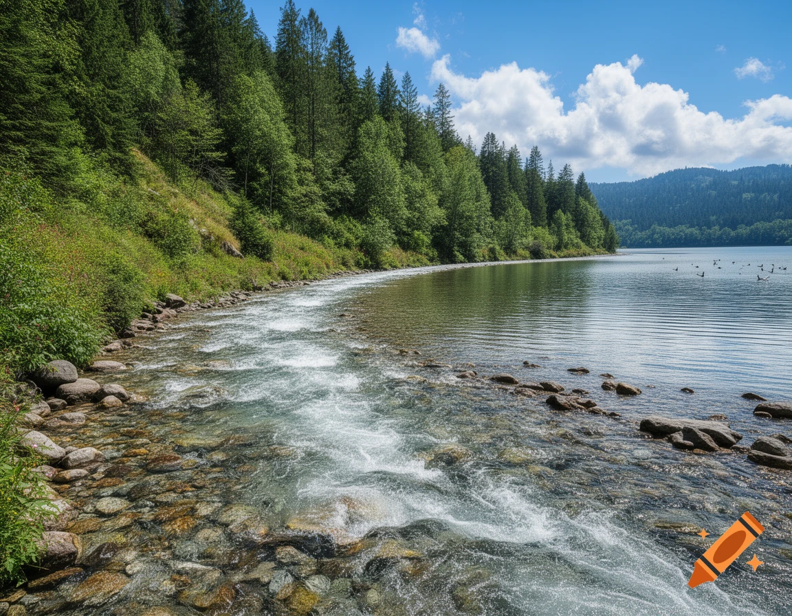 A clear stream flows into a calm lake, bordered by a dense green forest under a blue sky with white clouds.
