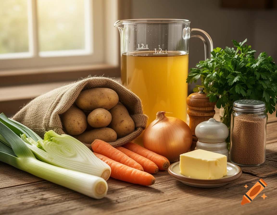 Soup ingredients on a wooden table: potatoes in a burlap sack, leeks, carrots, onion, a pitcher of broth, butter, and spices.