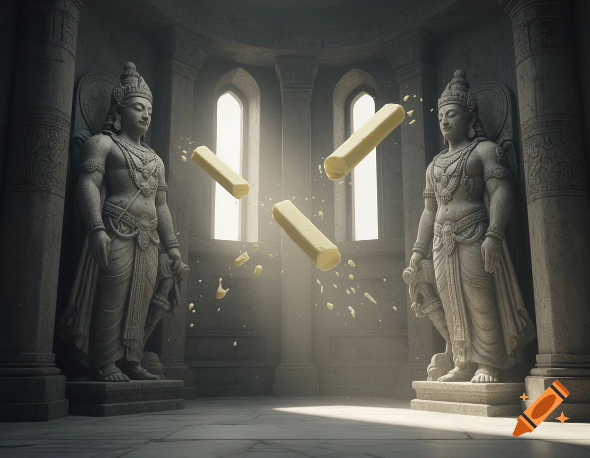 Two ornate stone statues of deities stand in an ancient temple, with sticks of butter and splatters floating between them.