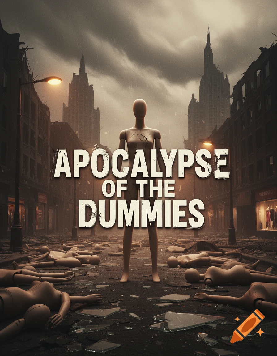A dark, gritty movie poster shows a lone standing mannequin among many fallen ones in a ruined city street under a stormy sky, with text "APOCALYPSE OF THE DUMMIES".
