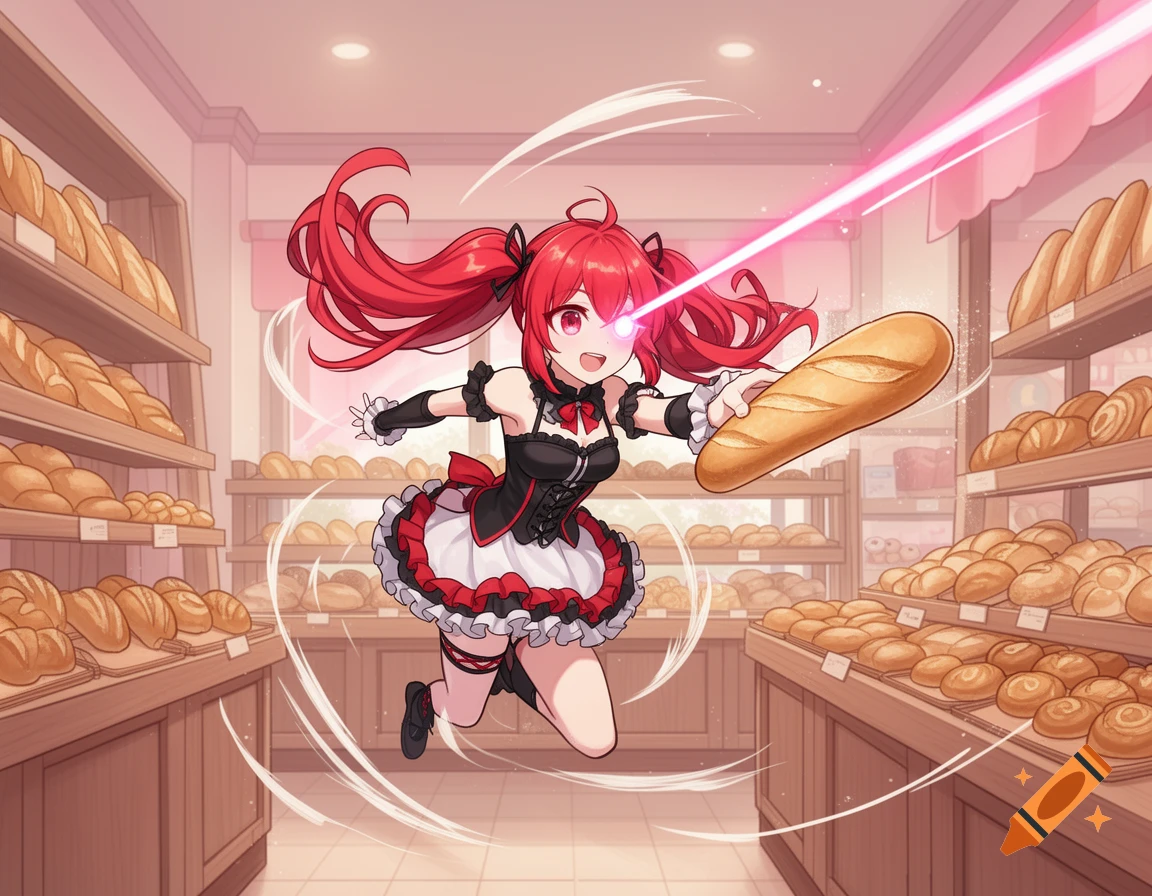 Anime girl with red pigtails and laser eyes flies through a bakery, holding a large baguette.