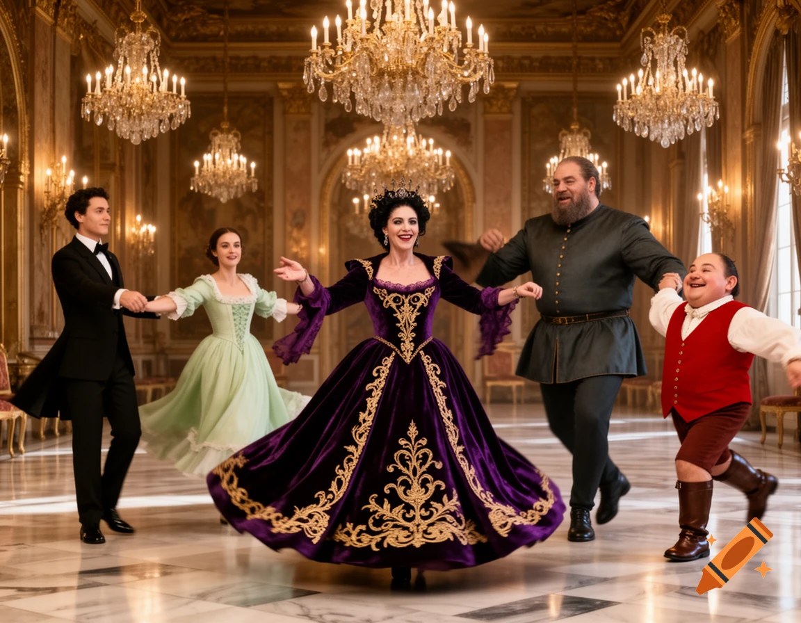 A group of five people, including a woman in a regal purple gown, dance joyfully in a lavish, chandelier-filled ballroom.