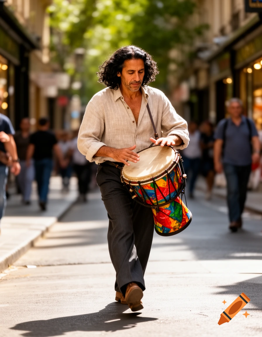 A man with dark curly hair walks down a sunny street, playing a colorful djembe drum.